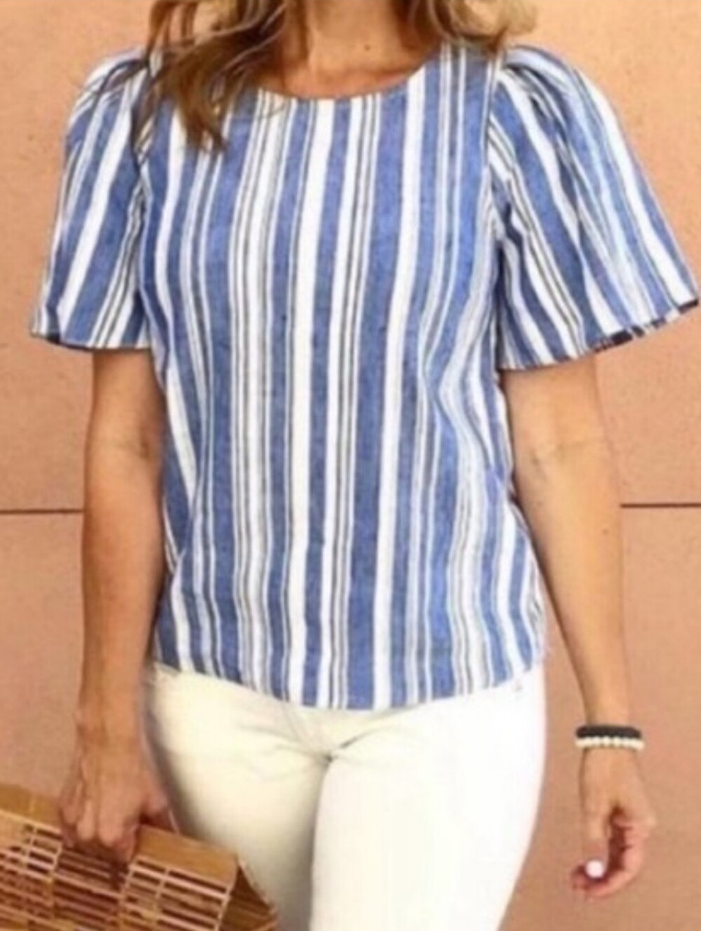 Cabi Striped Blouse Blue White Linen Blend Coastal Nautical Preppy Size L #5343